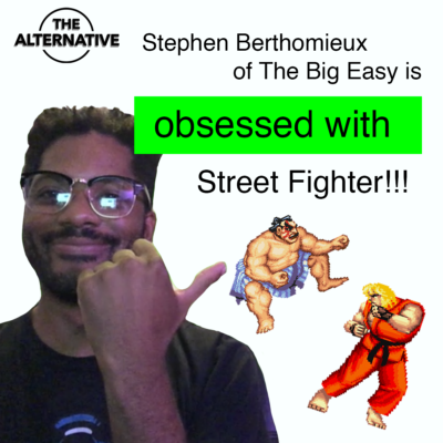 a man in a black t-shirt and glasses pointing at imagery from a video game Street Fighter, w/ the headline reading "Stephen Berthomieux of The Big Easy is obsessed with Street Fighter"